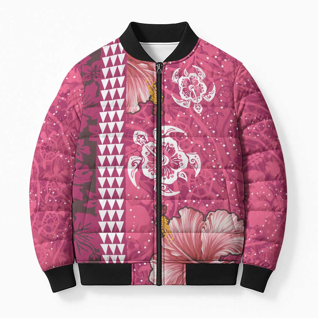 Pink Hibiscus Turle Bomber Puffer Jacket Hawaiian Style Tribal Tapa Pattern LT9 Unisex Pink - Polynesian Pride