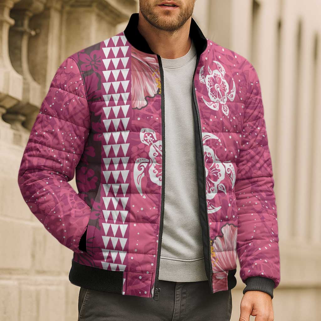 Pink Hibiscus Turle Bomber Puffer Jacket Hawaiian Style Tribal Tapa Pattern LT9 - Polynesian Pride