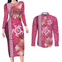 Pink Hibiscus Turle Couples Matching Long Sleeve Bodycon Dress and Long Sleeve Button Shirt Hawaiian Style Tribal Tapa Pattern LT9 Pink - Polynesian Pride