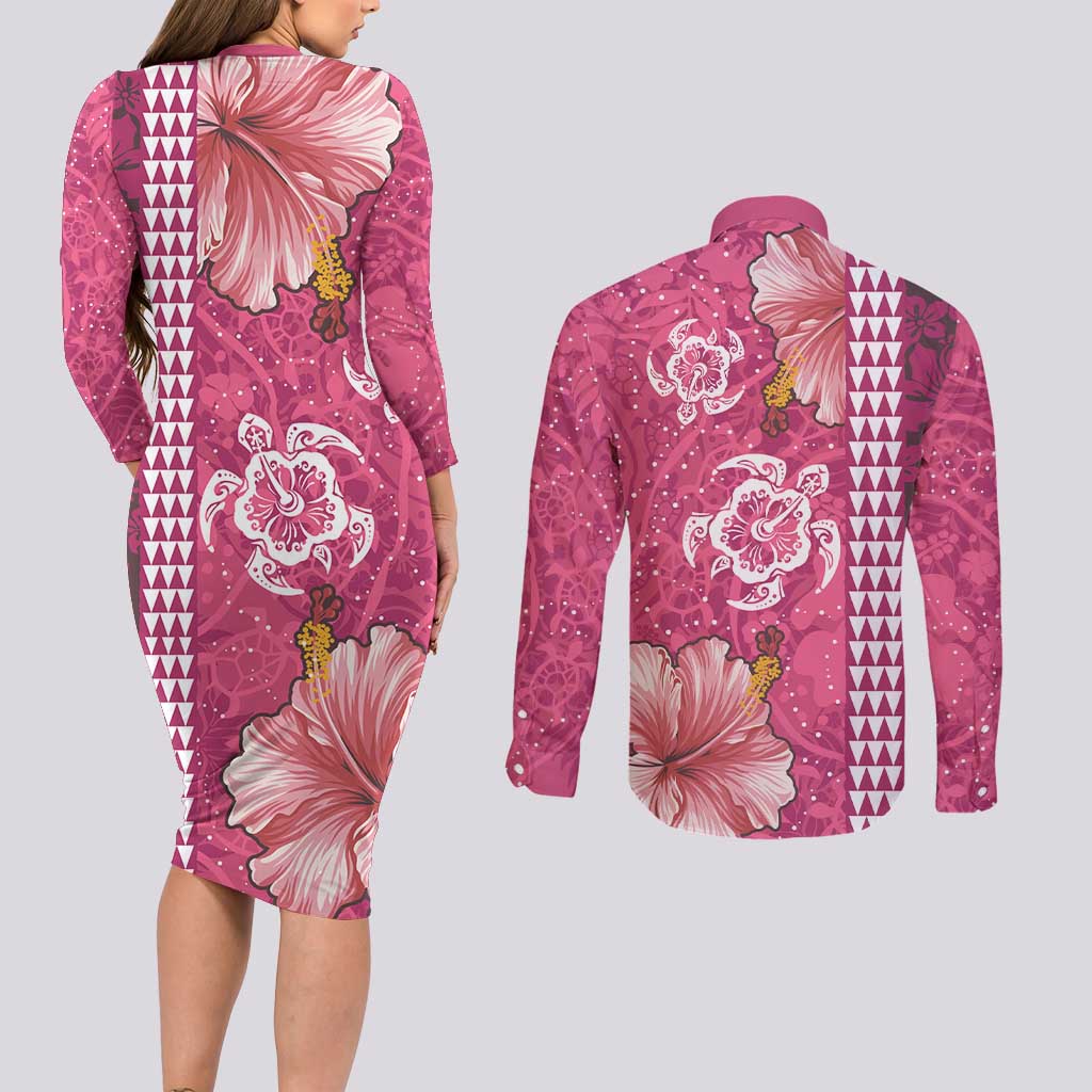 Pink Hibiscus Turle Couples Matching Long Sleeve Bodycon Dress and Long Sleeve Button Shirt Hawaiian Style Tribal Tapa Pattern LT9 - Polynesian Pride