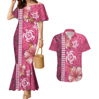 Pink Hibiscus Turle Couples Matching Mermaid Dress and Hawaiian Shirt Hawaiian Style Tribal Tapa Pattern LT9 Pink - Polynesian Pride