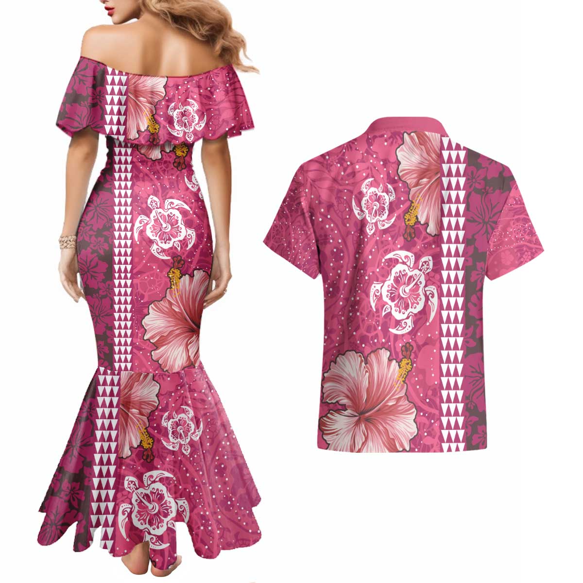 Pink Hibiscus Turle Couples Matching Mermaid Dress and Hawaiian Shirt Hawaiian Style Tribal Tapa Pattern LT9 - Polynesian Pride
