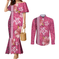 Pink Hibiscus Turle Couples Matching Mermaid Dress and Long Sleeve Button Shirt Hawaiian Style Tribal Tapa Pattern LT9 Pink - Polynesian Pride