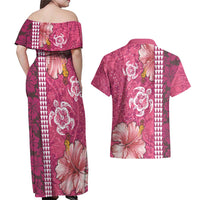 Pink Hibiscus Turle Couples Matching Off Shoulder Maxi Dress and Hawaiian Shirt Hawaiian Style Tribal Tapa Pattern LT9 - Polynesian Pride