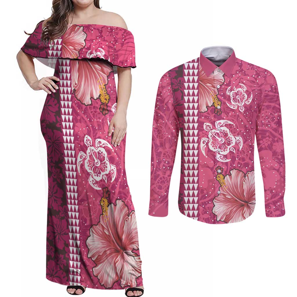 Pink Hibiscus Turle Couples Matching Off Shoulder Maxi Dress and Long Sleeve Button Shirt Hawaiian Style Tribal Tapa Pattern LT9 Pink - Polynesian Pride