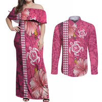 Pink Hibiscus Turle Couples Matching Off Shoulder Maxi Dress and Long Sleeve Button Shirt Hawaiian Style Tribal Tapa Pattern LT9 Pink - Polynesian Pride
