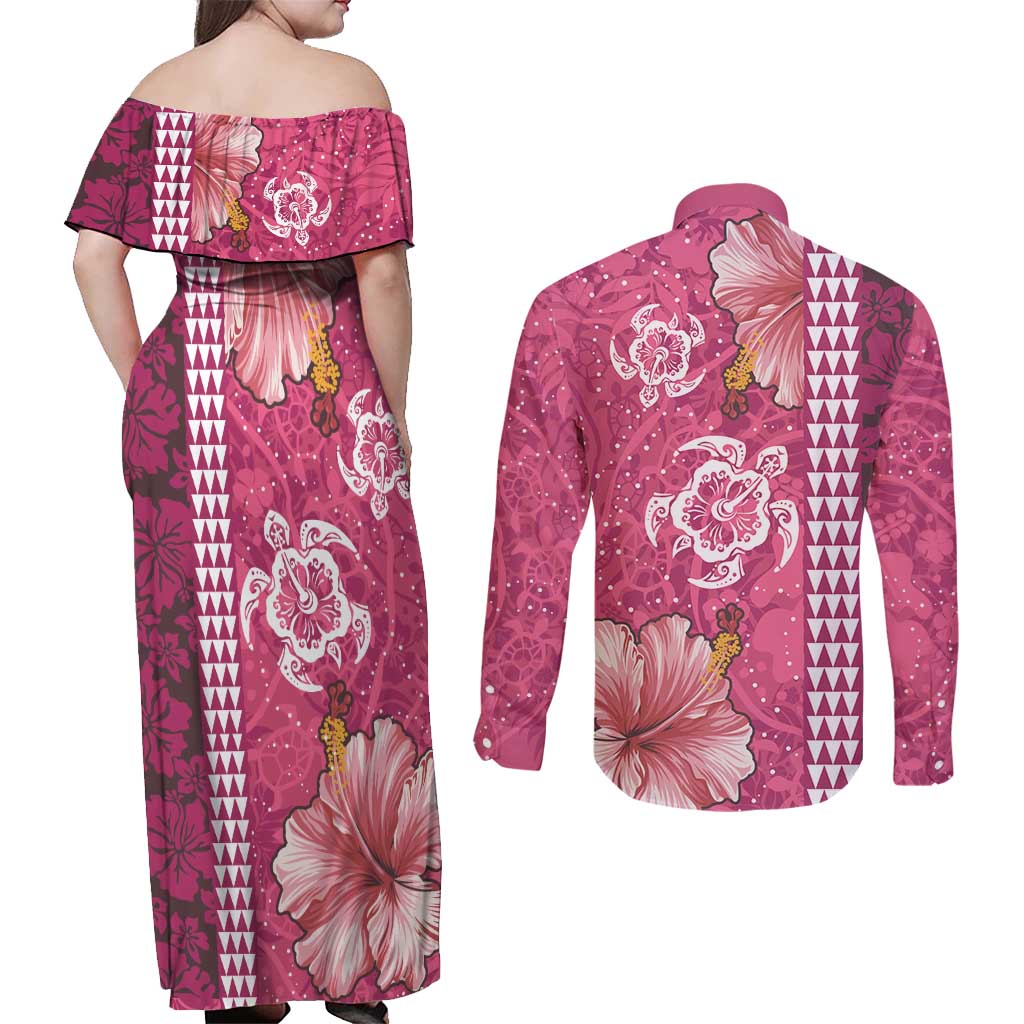 Pink Hibiscus Turle Couples Matching Off Shoulder Maxi Dress and Long Sleeve Button Shirt Hawaiian Style Tribal Tapa Pattern LT9 - Polynesian Pride
