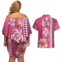 Pink Hibiscus Turle Couples Matching Off Shoulder Short Dress and Hawaiian Shirt Hawaiian Style Tribal Tapa Pattern LT9 - Polynesian Pride