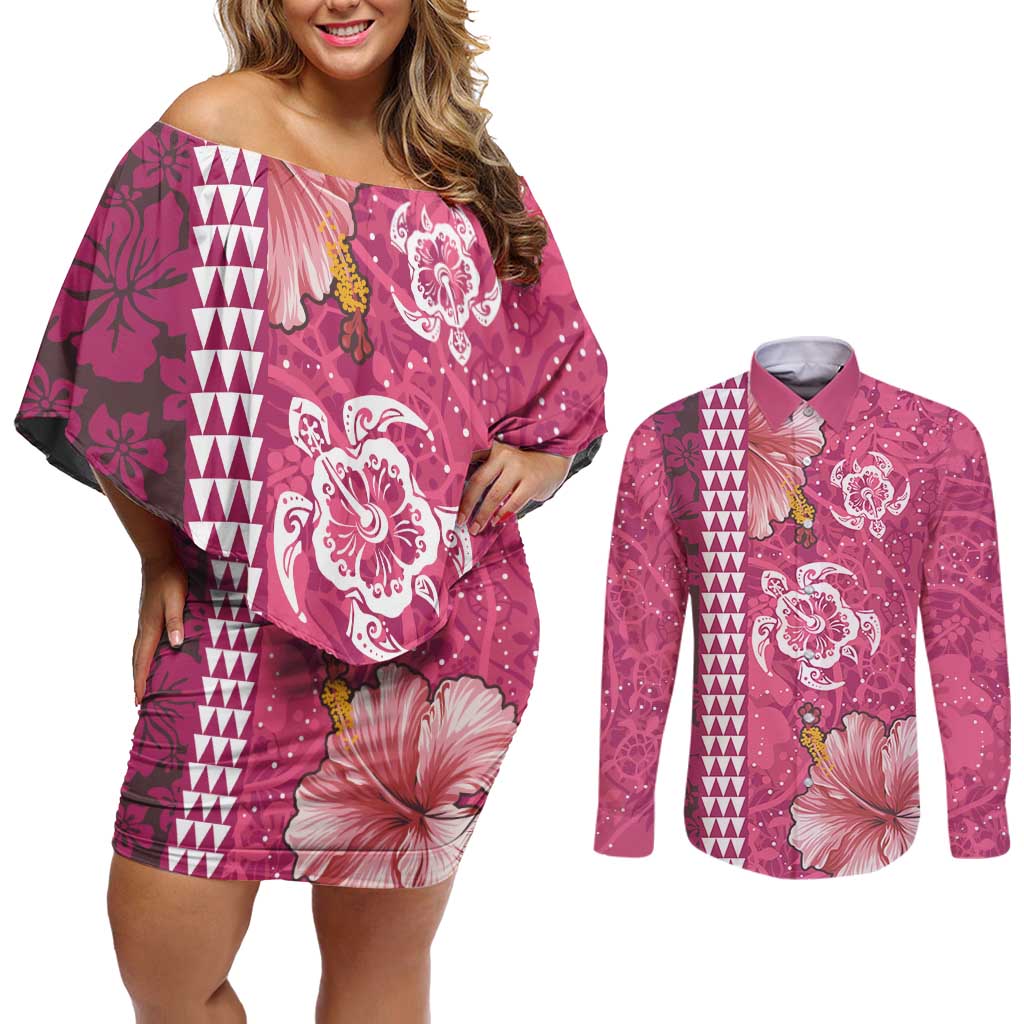 Pink Hibiscus Turle Couples Matching Off Shoulder Short Dress and Long Sleeve Button Shirt Hawaiian Style Tribal Tapa Pattern LT9 Pink - Polynesian Pride