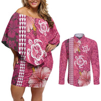 Pink Hibiscus Turle Couples Matching Off Shoulder Short Dress and Long Sleeve Button Shirt Hawaiian Style Tribal Tapa Pattern LT9 Pink - Polynesian Pride