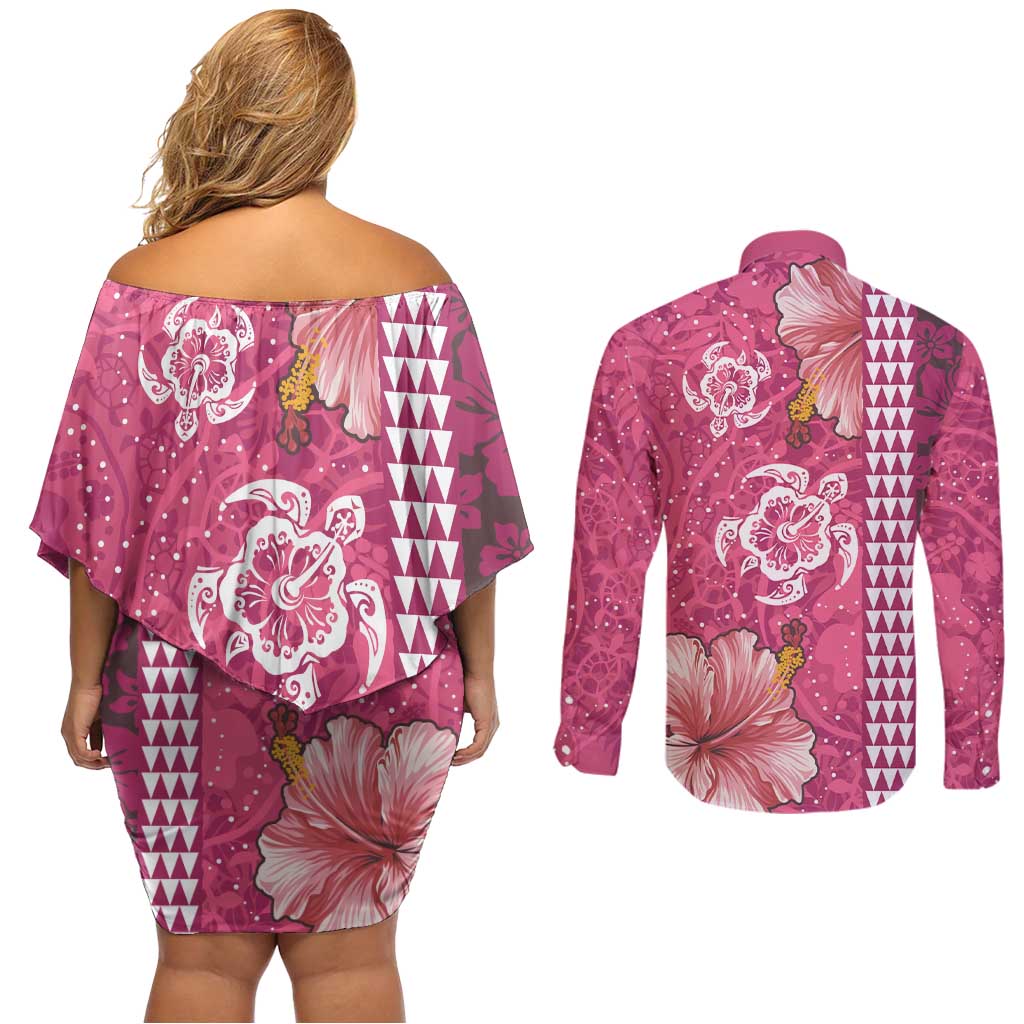 Pink Hibiscus Turle Couples Matching Off Shoulder Short Dress and Long Sleeve Button Shirt Hawaiian Style Tribal Tapa Pattern LT9 - Polynesian Pride