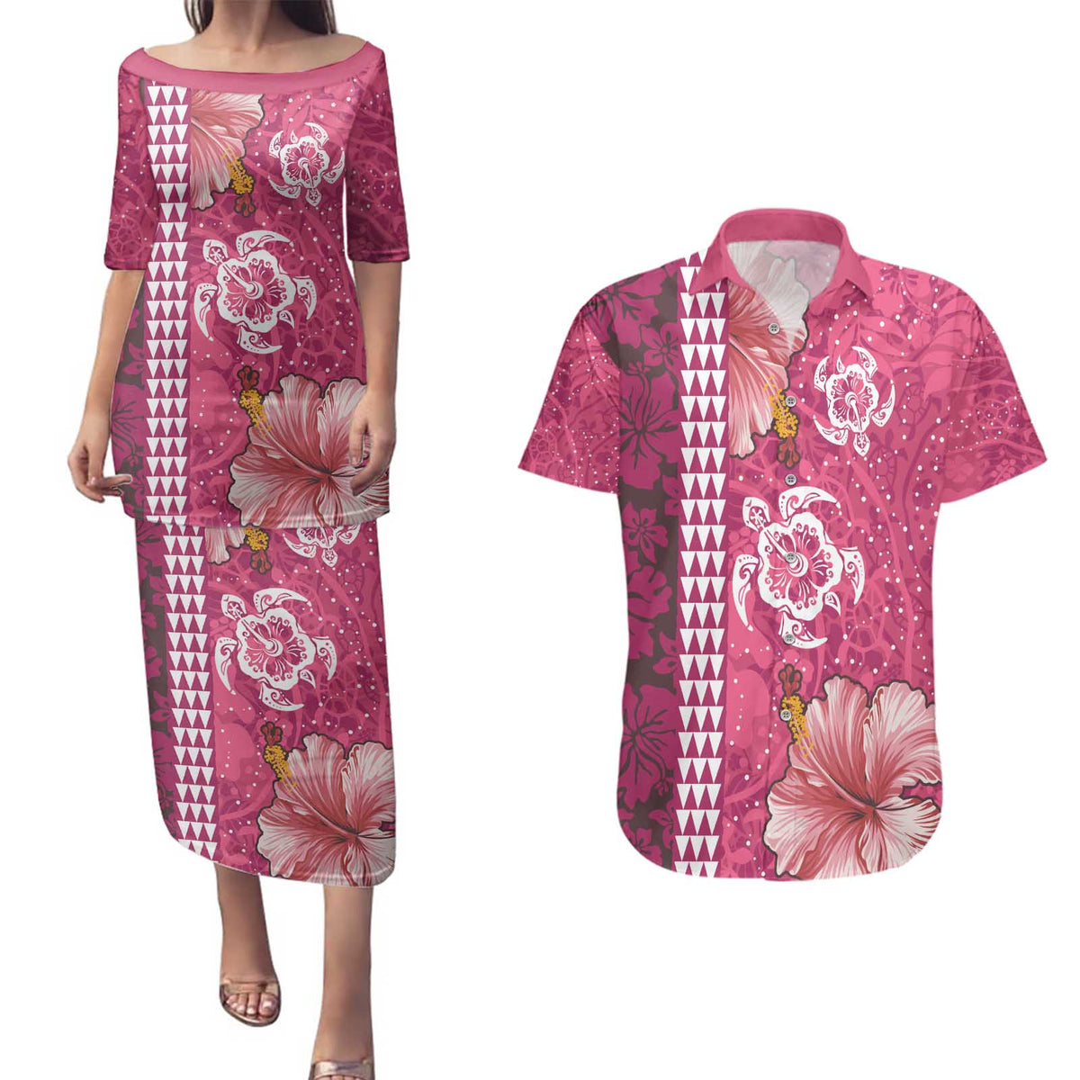 Pink Hibiscus Turle Couples Matching Puletasi and Hawaiian Shirt Hawaiian Style Tribal Tapa Pattern LT9 Pink - Polynesian Pride