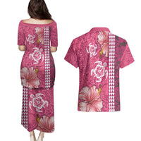 Pink Hibiscus Turle Couples Matching Puletasi and Hawaiian Shirt Hawaiian Style Tribal Tapa Pattern LT9 - Polynesian Pride