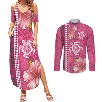 Pink Hibiscus Turle Couples Matching Summer Maxi Dress and Long Sleeve Button Shirt Hawaiian Style Tribal Tapa Pattern LT9 Pink - Polynesian Pride