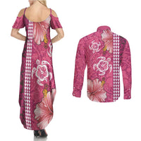 Pink Hibiscus Turle Couples Matching Summer Maxi Dress and Long Sleeve Button Shirt Hawaiian Style Tribal Tapa Pattern LT9 - Polynesian Pride