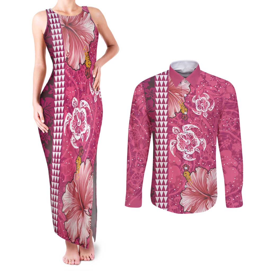 Pink Hibiscus Turle Couples Matching Tank Maxi Dress and Long Sleeve Button Shirt Hawaiian Style Tribal Tapa Pattern LT9 Pink - Polynesian Pride