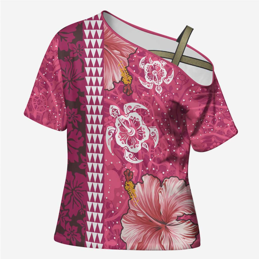 Pink Hibiscus Turle Cross Shoulder Shirt Hawaiian Style Tribal Tapa Pattern LT9 Female Pink - Polynesian Pride