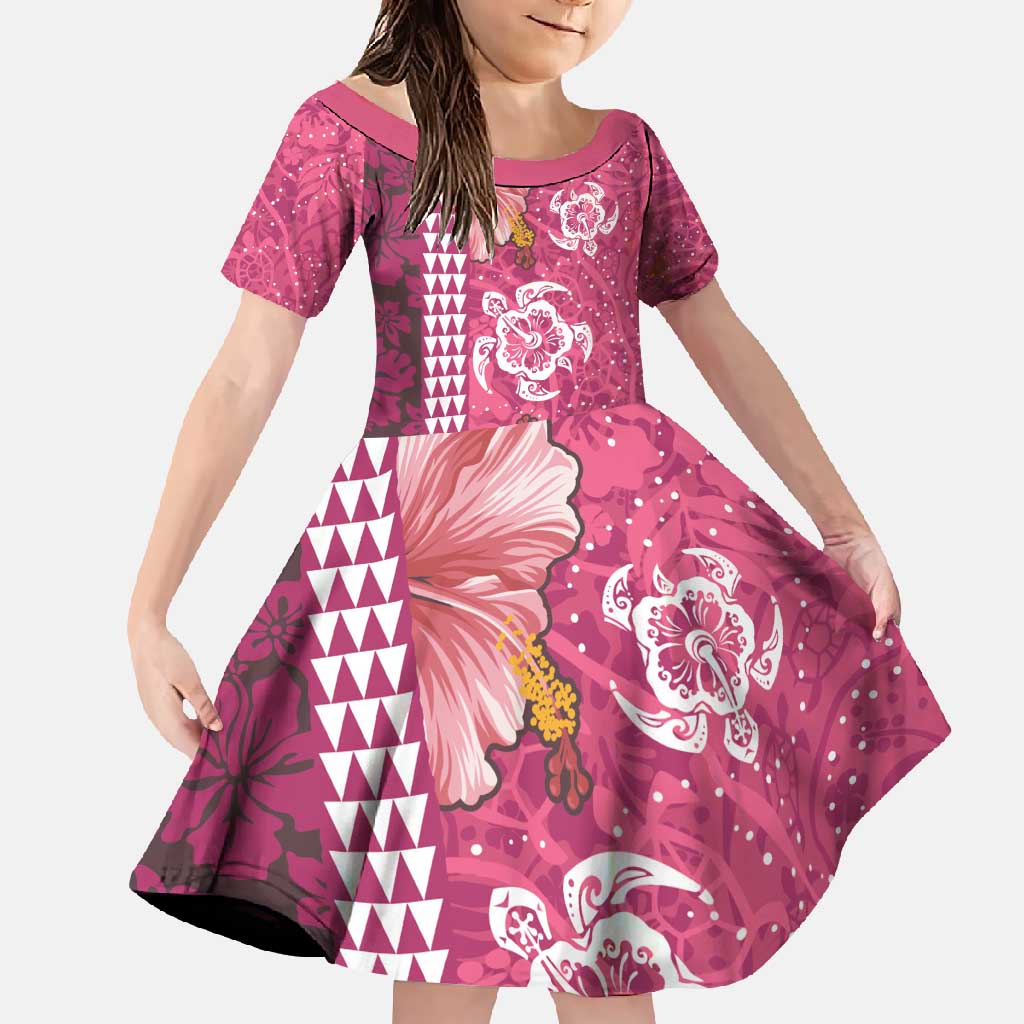 Pink Hibiscus Turle Family Matching Long Sleeve Bodycon Dress and Hawaiian Shirt Hawaiian Style Tribal Tapa Pattern LT9 Daughter's Dress Pink - Polynesian Pride