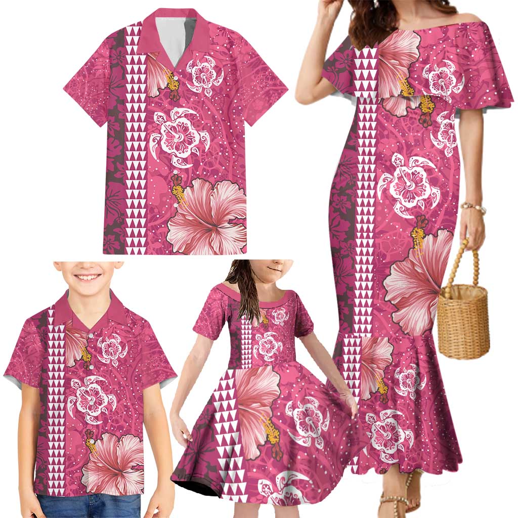 Pink Hibiscus Turle Family Matching Mermaid Dress and Hawaiian Shirt Hawaiian Style Tribal Tapa Pattern LT9 - Polynesian Pride