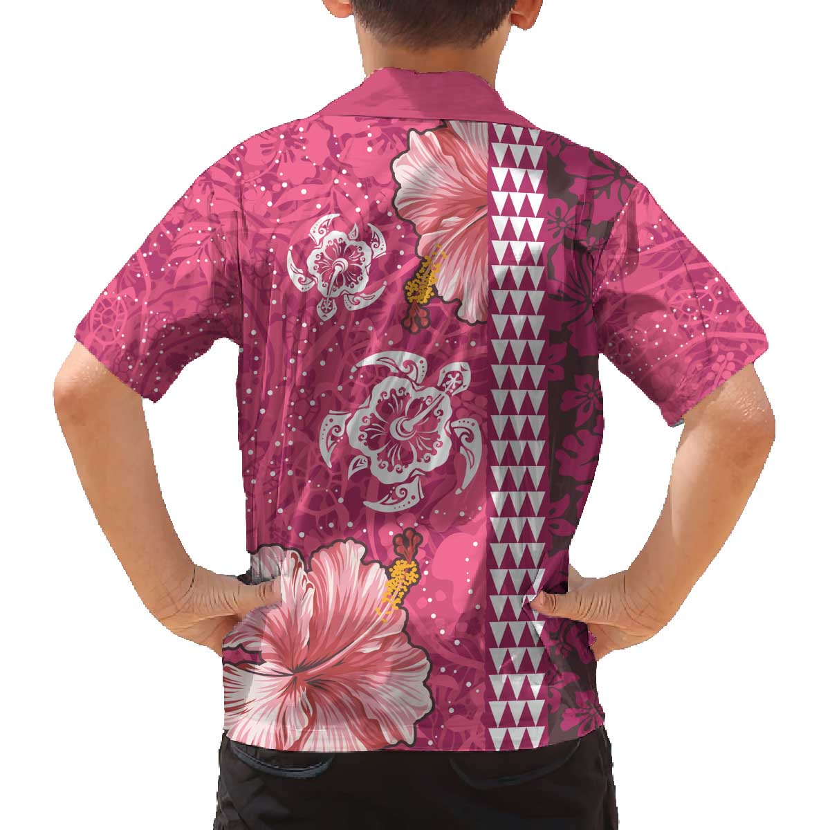 Pink Hibiscus Turle Family Matching Off The Shoulder Long Sleeve Dress and Hawaiian Shirt Hawaiian Style Tribal Tapa Pattern