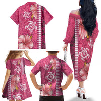 Pink Hibiscus Turle Family Matching Off The Shoulder Long Sleeve Dress and Hawaiian Shirt Hawaiian Style Tribal Tapa Pattern
