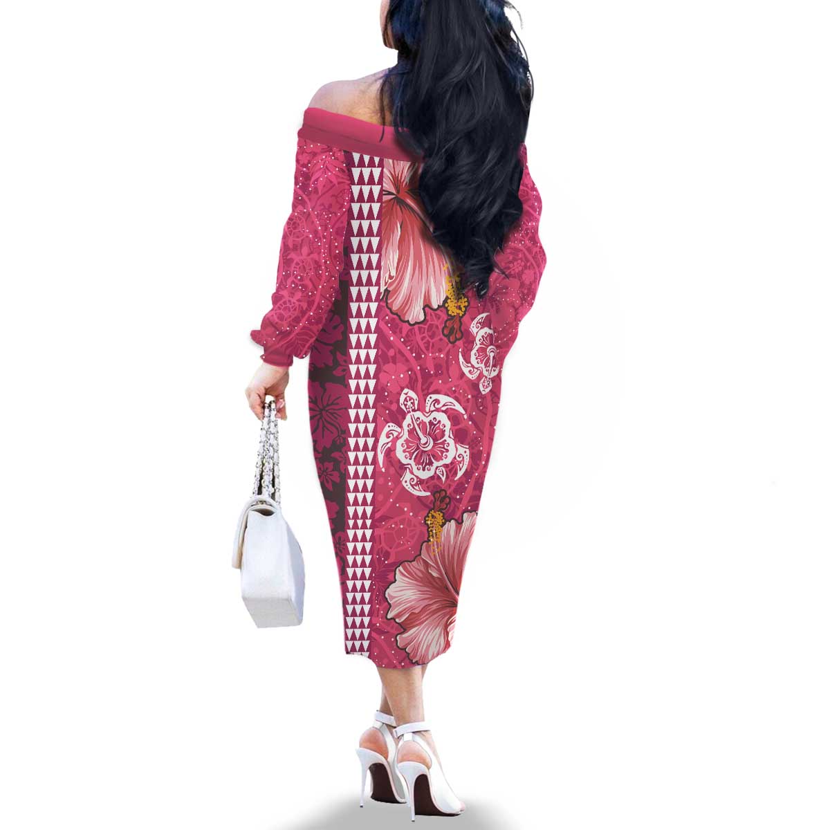 Pink Hibiscus Turle Family Matching Off The Shoulder Long Sleeve Dress and Hawaiian Shirt Hawaiian Style Tribal Tapa Pattern