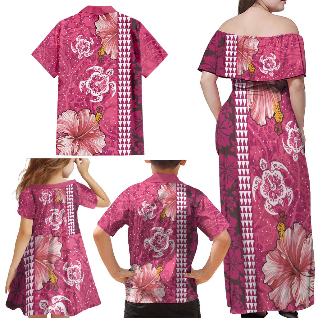 Pink Hibiscus Turle Family Matching Off Shoulder Maxi Dress and Hawaiian Shirt Hawaiian Style Tribal Tapa Pattern