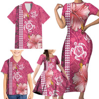 Pink Hibiscus Turle Family Matching Short Sleeve Bodycon Dress and Hawaiian Shirt Hawaiian Style Tribal Tapa Pattern LT9 - Polynesian Pride