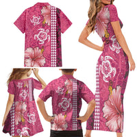 Pink Hibiscus Turle Family Matching Short Sleeve Bodycon Dress and Hawaiian Shirt Hawaiian Style Tribal Tapa Pattern LT9 - Polynesian Pride