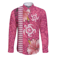 Pink Hibiscus Turle Family Matching Summer Maxi Dress and Hawaiian Shirt Hawaiian Style Tribal Tapa Pattern