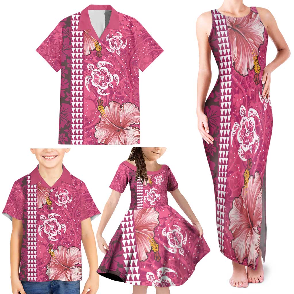 Pink Hibiscus Turle Family Matching Tank Maxi Dress and Hawaiian Shirt Hawaiian Style Tribal Tapa Pattern LT9 - Polynesian Pride