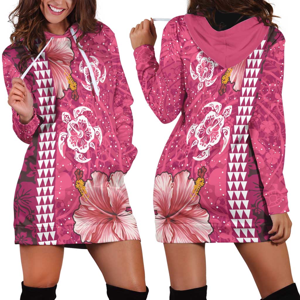 Pink Hibiscus Turle Hoodie Dress Hawaiian Style Tribal Tapa Pattern