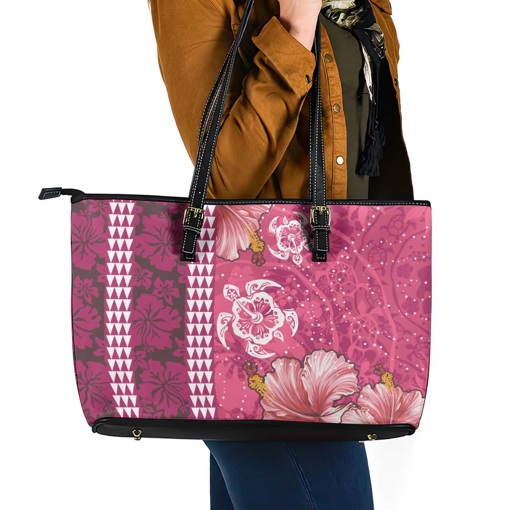 Pink Hibiscus Turle Leather Tote Bag Hawaiian Style Tribal Tapa Pattern LT9 - Polynesian Pride
