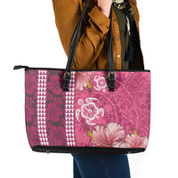 Pink Hibiscus Turle Leather Tote Bag Hawaiian Style Tribal Tapa Pattern LT9 - Polynesian Pride