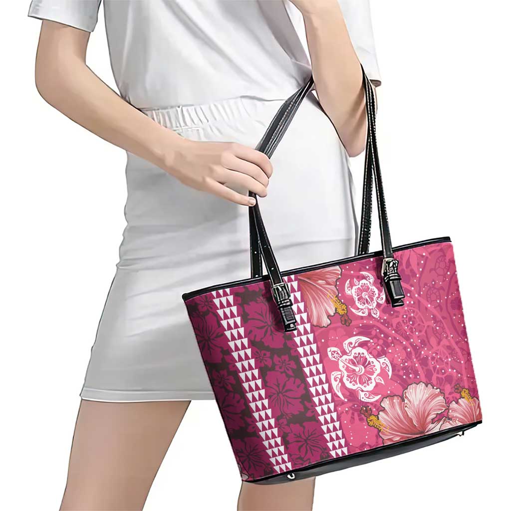 Pink Hibiscus Turle Leather Tote Bag Hawaiian Style Tribal Tapa Pattern LT9 - Polynesian Pride