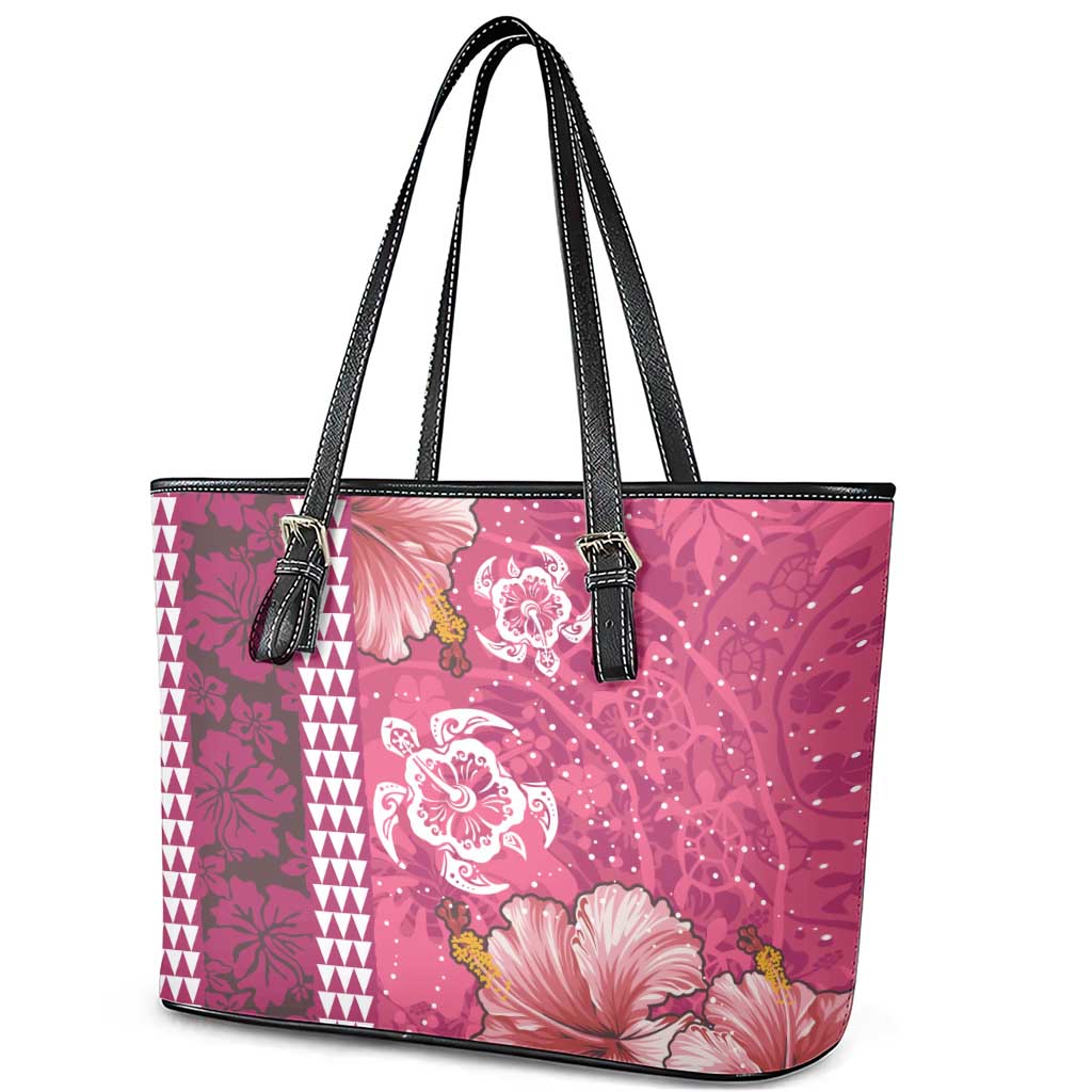 Pink Hibiscus Turle Leather Tote Bag Hawaiian Style Tribal Tapa Pattern LT9 - Polynesian Pride