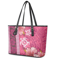 Pink Hibiscus Turle Leather Tote Bag Hawaiian Style Tribal Tapa Pattern LT9 - Polynesian Pride