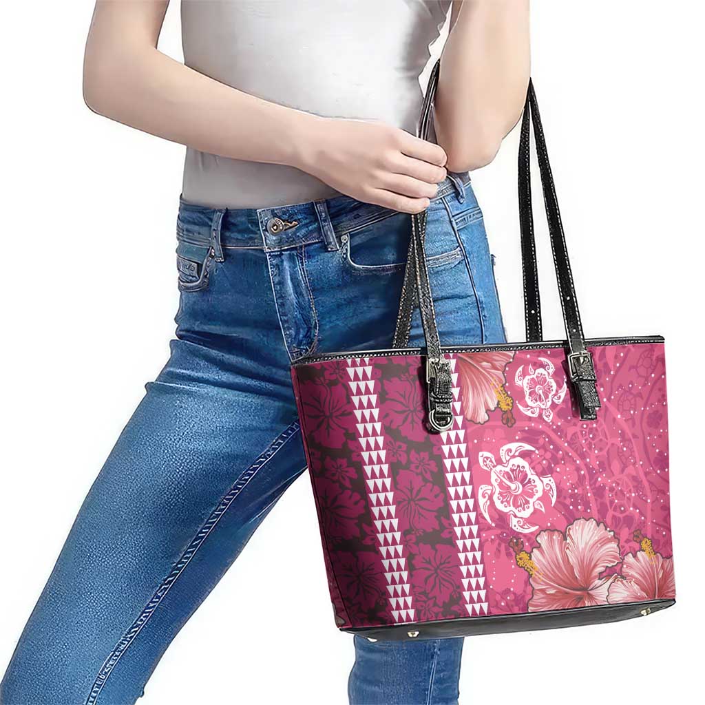 Pink Hibiscus Turle Leather Tote Bag Hawaiian Style Tribal Tapa Pattern LT9 - Polynesian Pride