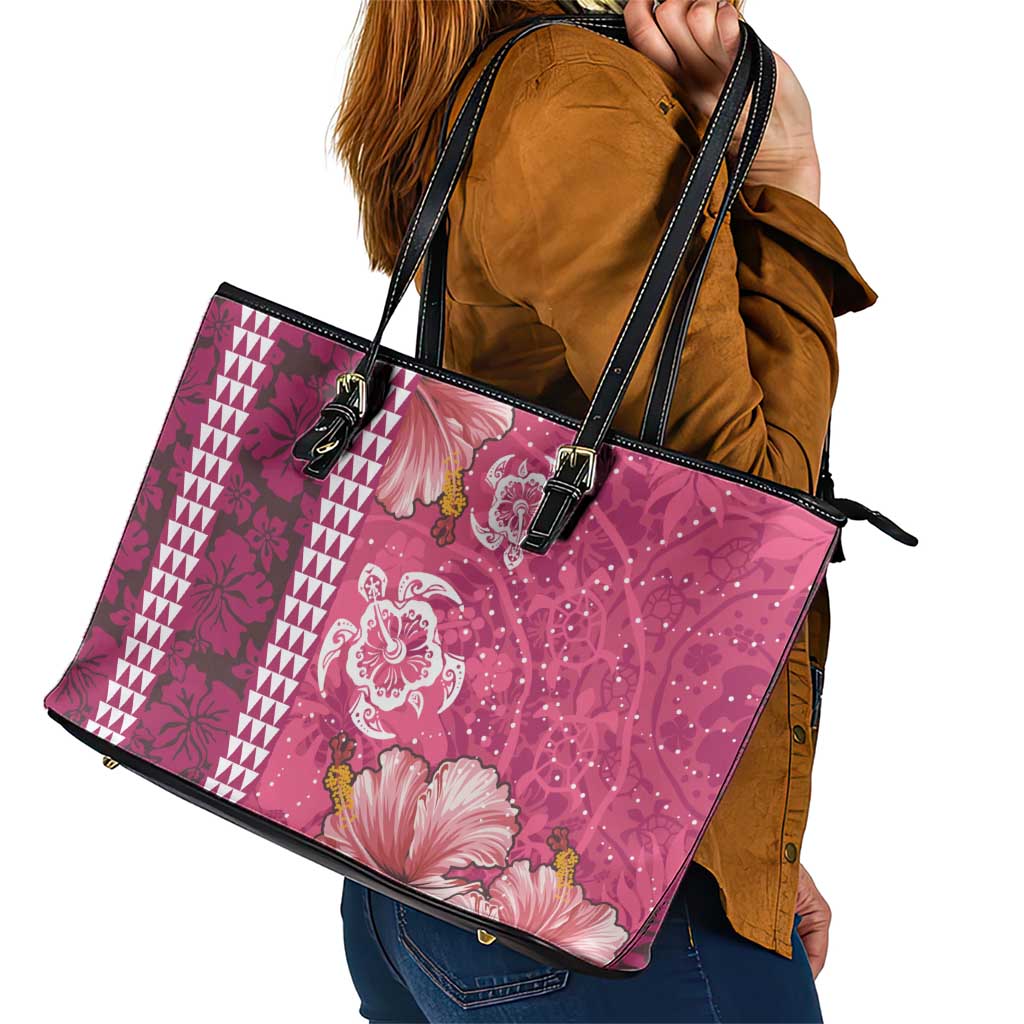 Pink Hibiscus Turle Leather Tote Bag Hawaiian Style Tribal Tapa Pattern LT9 - Polynesian Pride