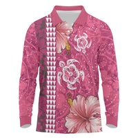 Pink Hibiscus Turle Long Sleeve Polo Shirt Hawaiian Style Tribal Tapa Pattern