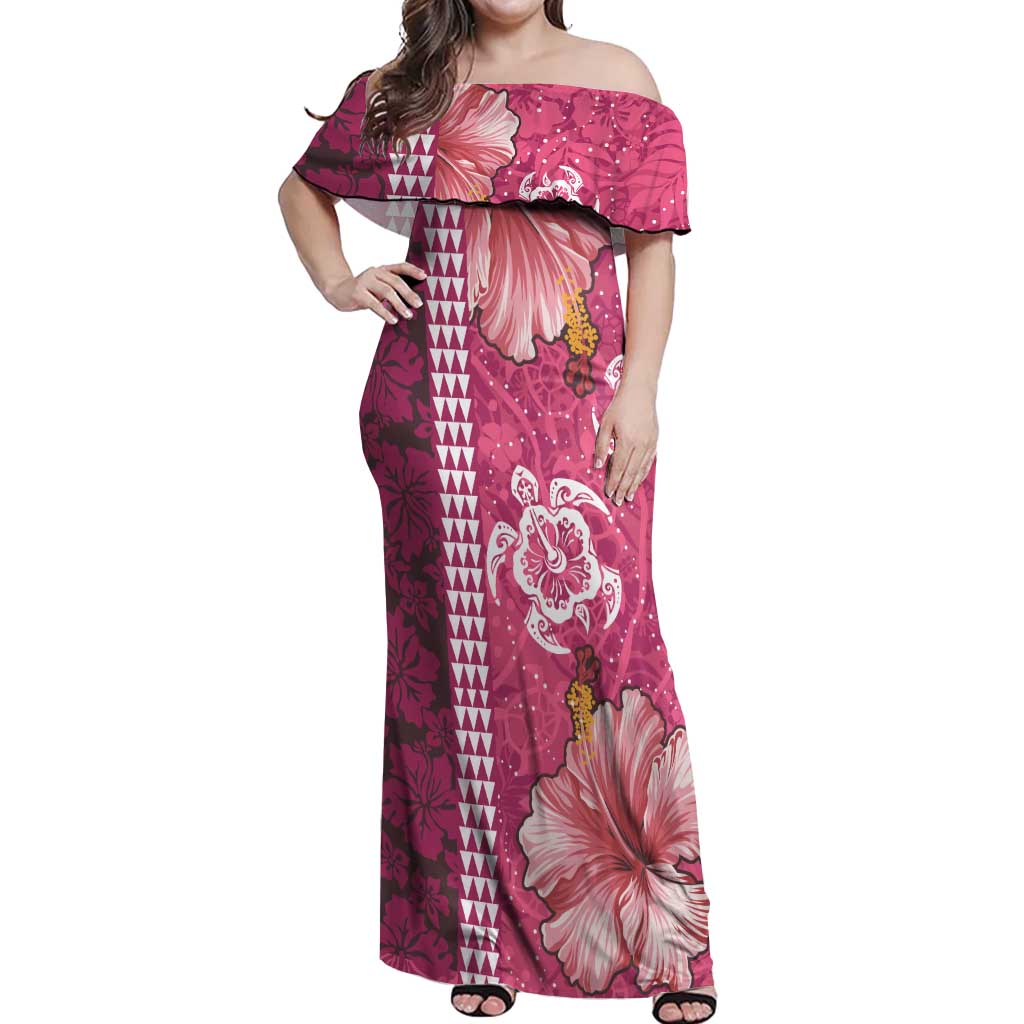 Pink Hibiscus Turle Off Shoulder Maxi Dress Hawaiian Style Tribal Tapa Pattern