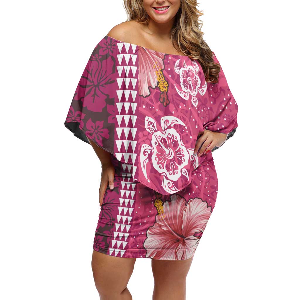 Pink Hibiscus Turle Off Shoulder Short Dress Hawaiian Style Tribal Tapa Pattern