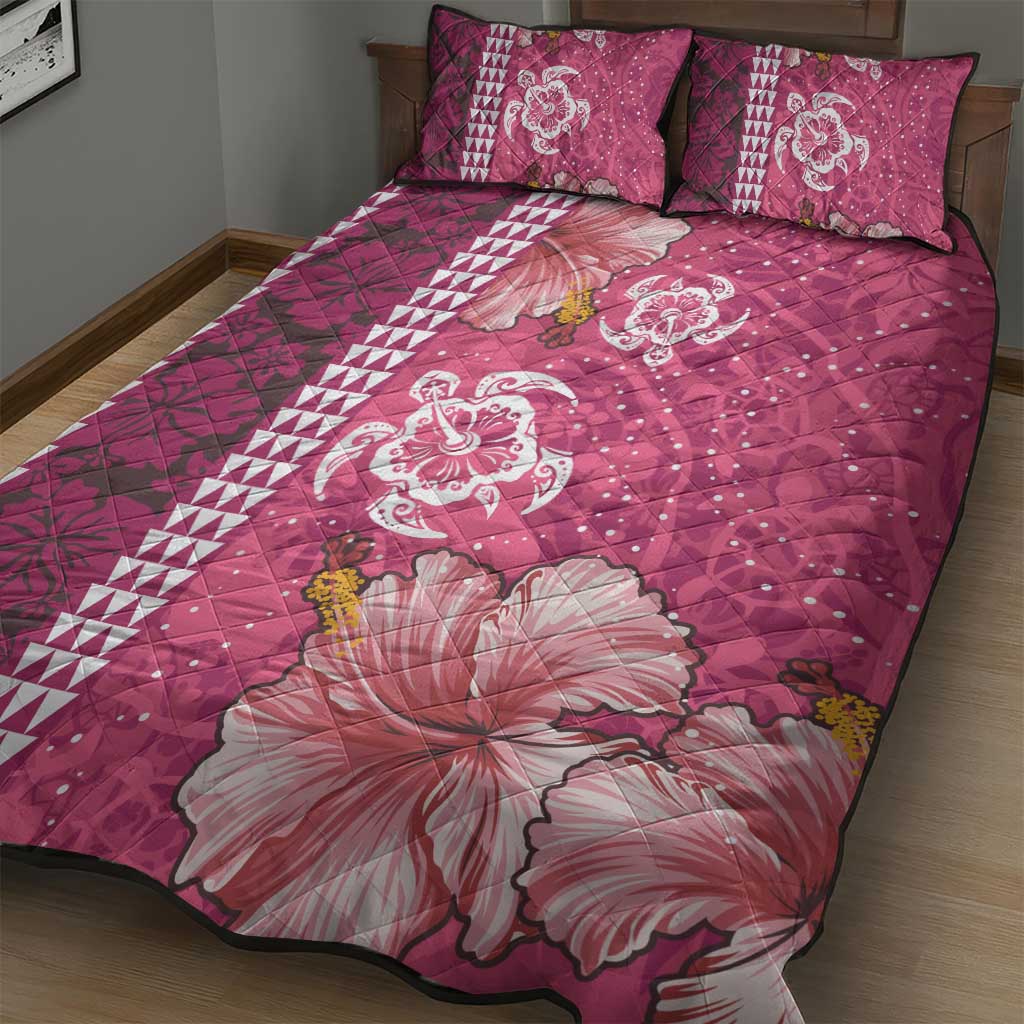 Pink Hibiscus Turle Quilt Bed Set Hawaiian Style Tribal Tapa Pattern
