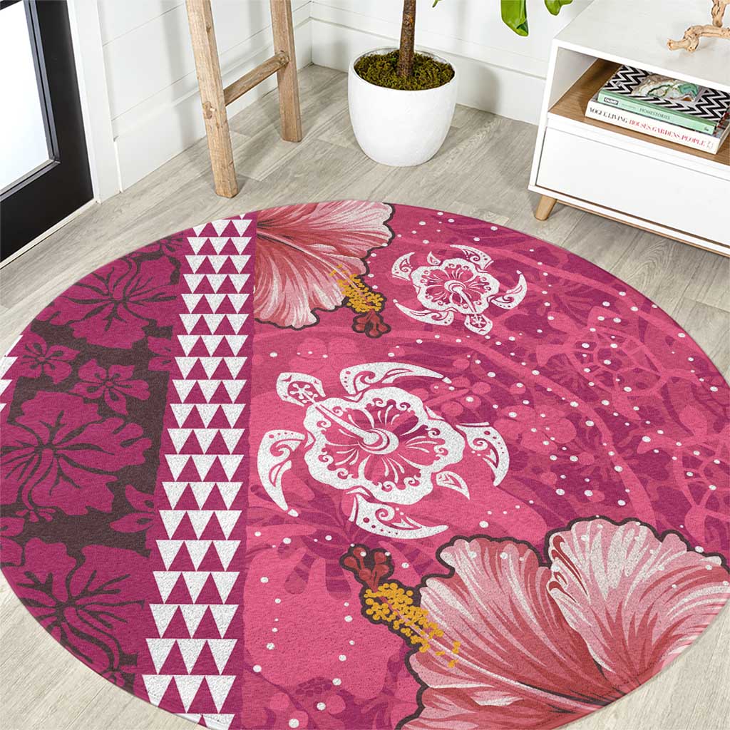 Pink Hibiscus Turle Round Carpet Hawaiian Style Tribal Tapa Pattern