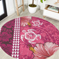 Pink Hibiscus Turle Round Carpet Hawaiian Style Tribal Tapa Pattern