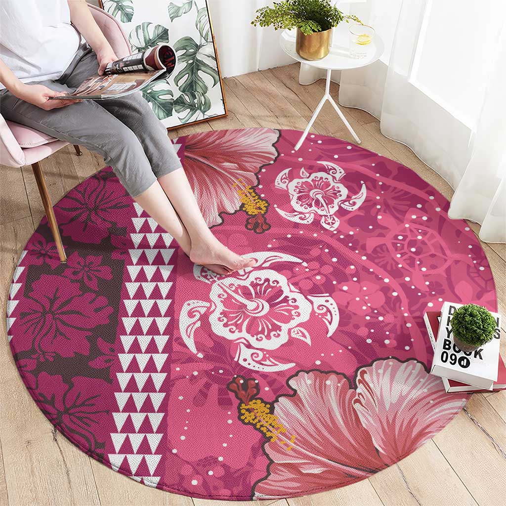 Pink Hibiscus Turle Round Carpet Hawaiian Style Tribal Tapa Pattern