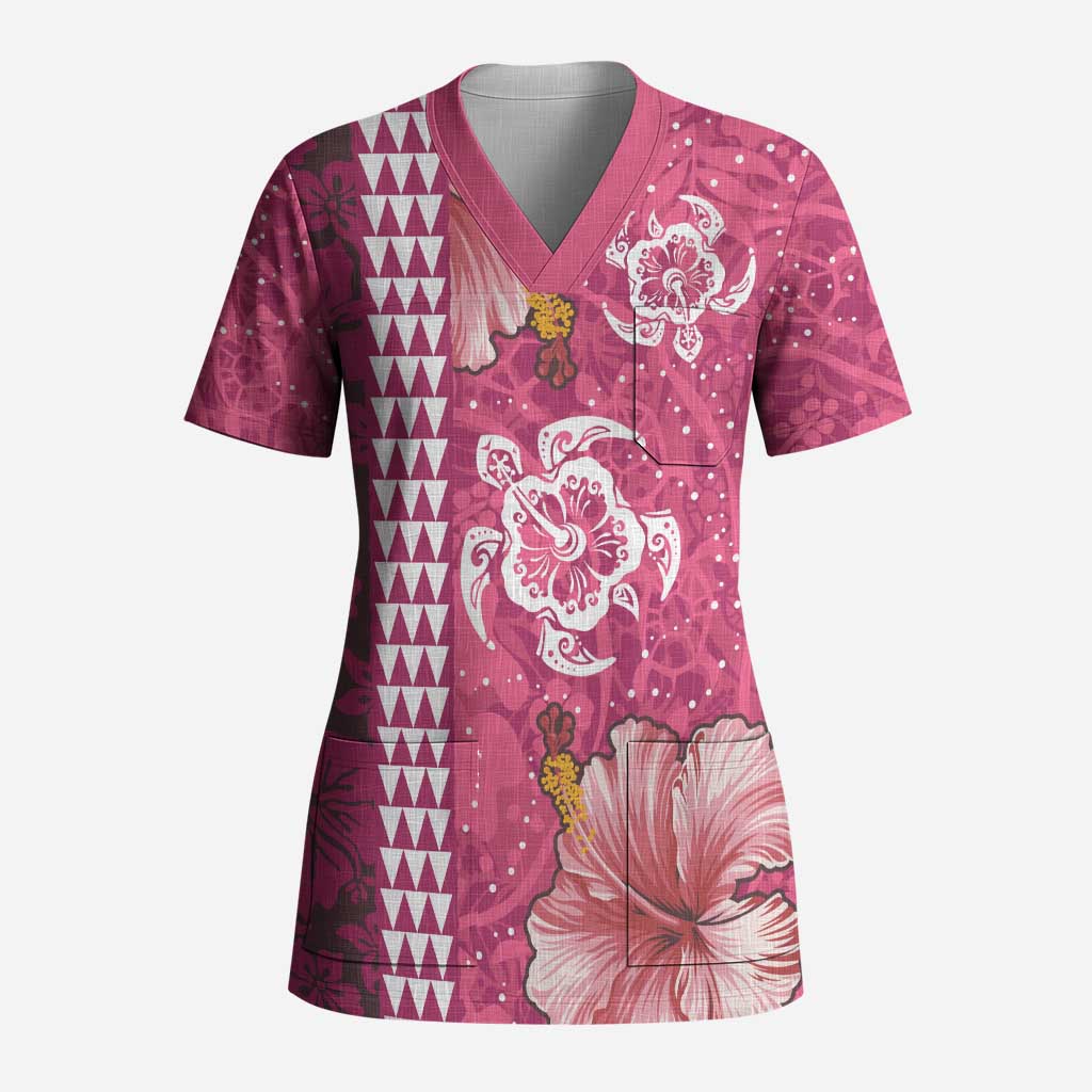 Pink Hibiscus Turle Scrub Top Hawaiian Style Tribal Tapa Pattern - Polynesian Pride
