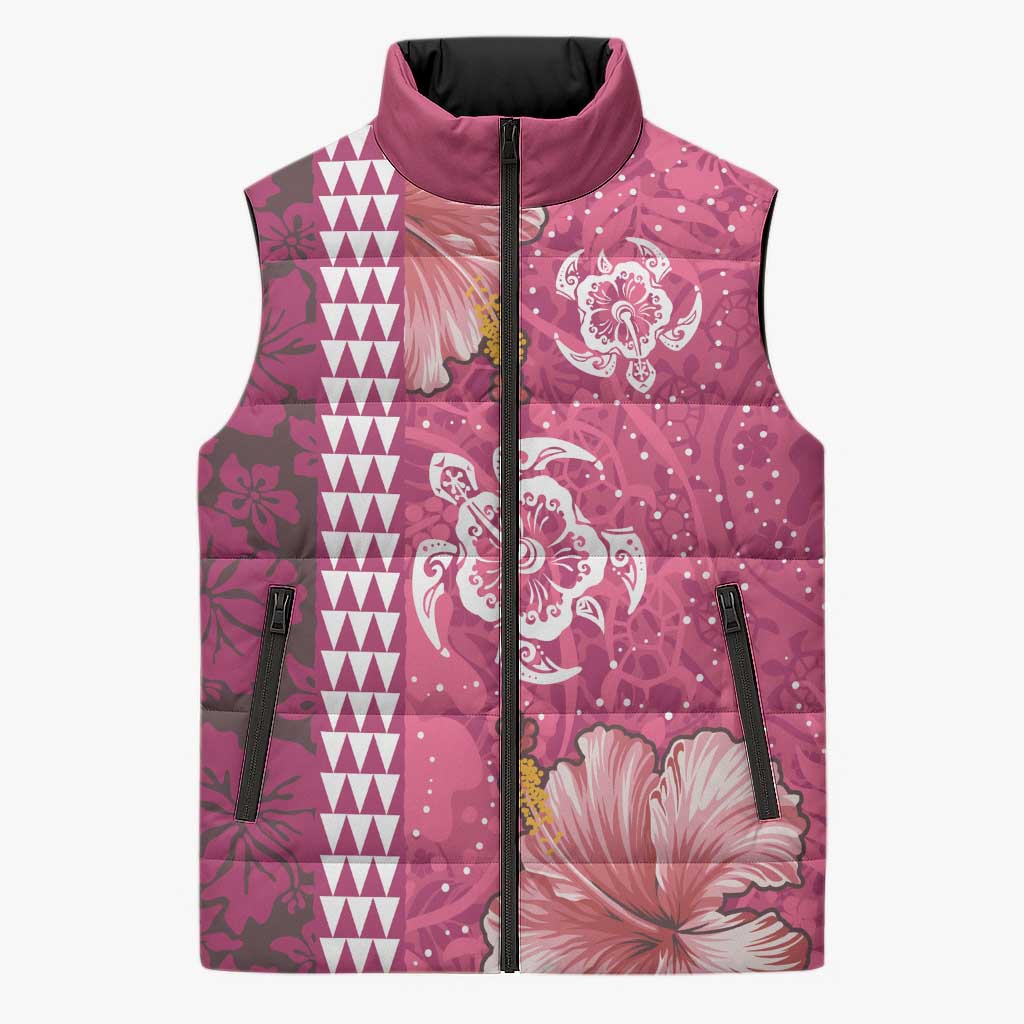 Pink Hibiscus Turle Sleeveless Puffer Jacket Hawaiian Style Tribal Tapa Pattern LT9 Unisex Pink - Polynesian Pride