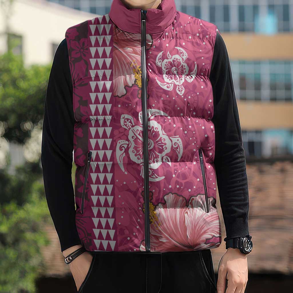 Pink Hibiscus Turle Sleeveless Puffer Jacket Hawaiian Style Tribal Tapa Pattern LT9 - Polynesian Pride