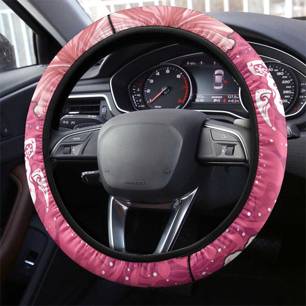 Pink Hibiscus Turle Steering Wheel Cover Hawaiian Style Tribal Tapa Pattern